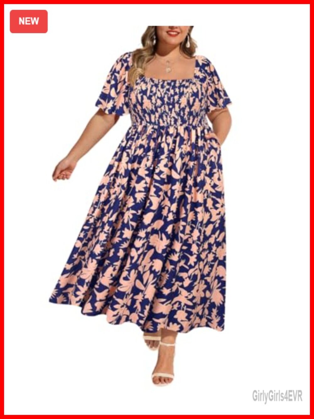 Plus Size Floral Smocked Maxi Dress with Pockets Square Neck Short Sleeve